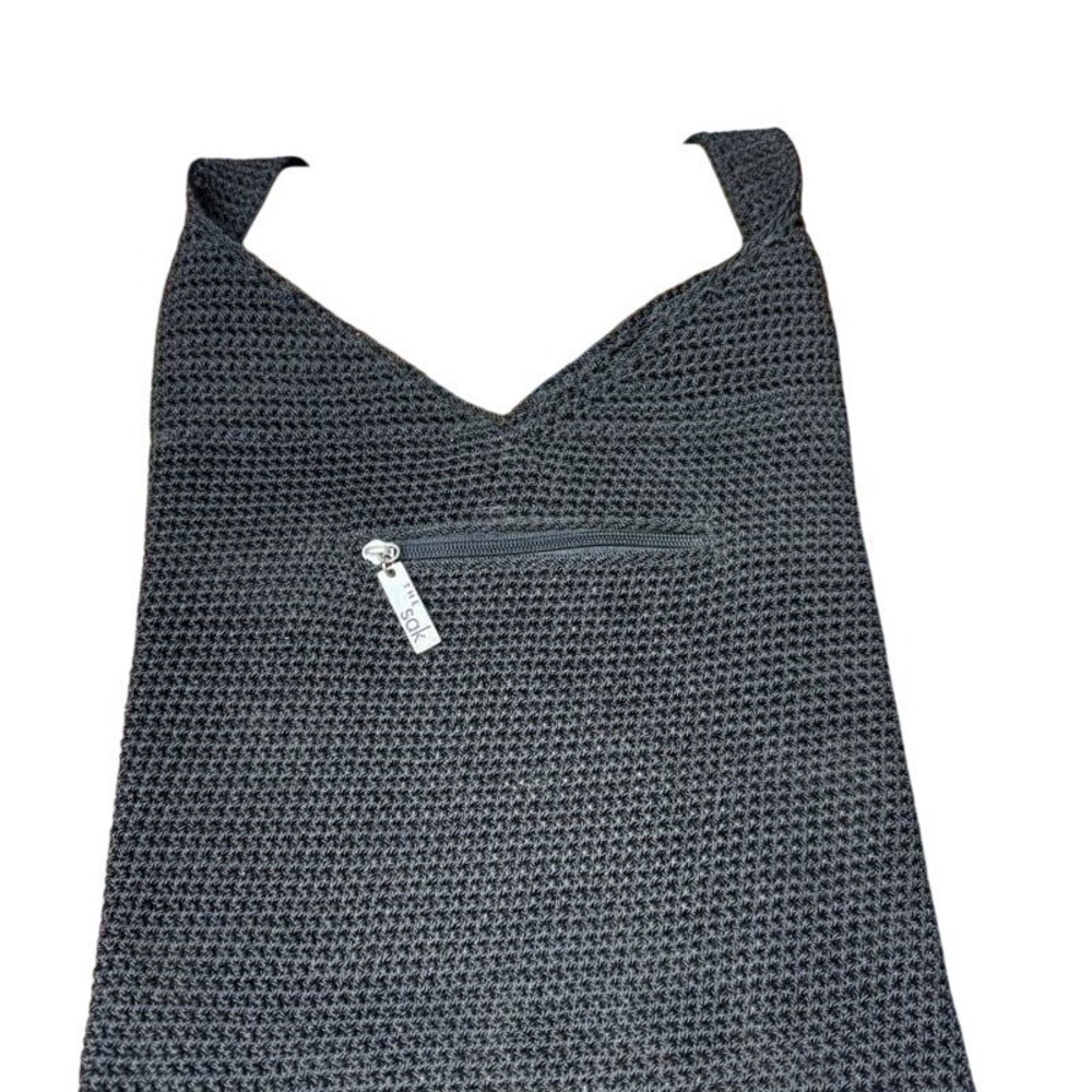The Sak Black Crochet Hobo Shoulder Bag Knit Zip Pocket Minimalist Boho Purse